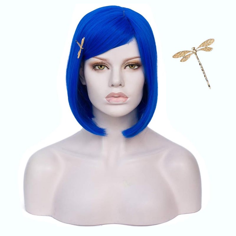 MORTICIA Short Straight Blue Women Bob Full Bang with Gold Dragonfly Hairpin (Adult) - Image 1